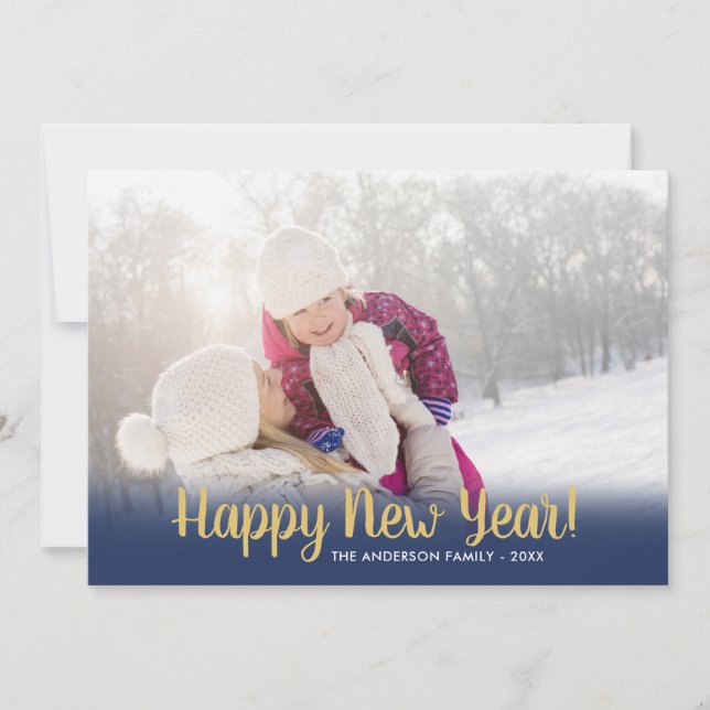 Happy New Year Calligraphy 2 Photos Holiday Card (Front)