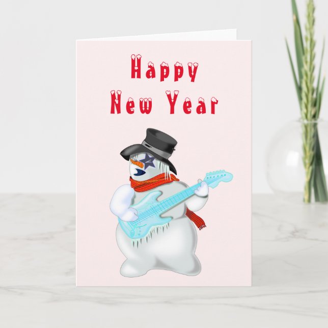 Happy New Year Card Snowman Guitar Player Musical (Front)