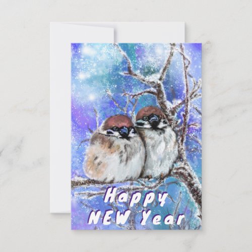 Happy New Year Card Sparrows Couple In Winter