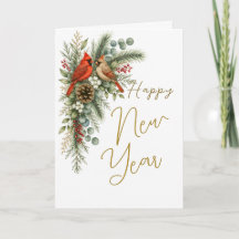 Happy New Year Cardinal Pair Winter Botanical Wate