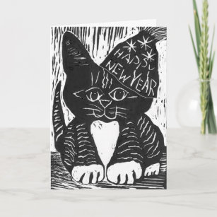 Happy New Year Cat Block Print Holiday Card
