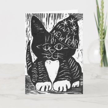 Happy New Year Cat Block Print Holiday Card by Nine_Lives_Studio at Zazzle