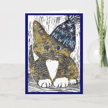 Happy New Year Cat Block Print Holiday Card by Nine_Lives_Studio at Zazzle