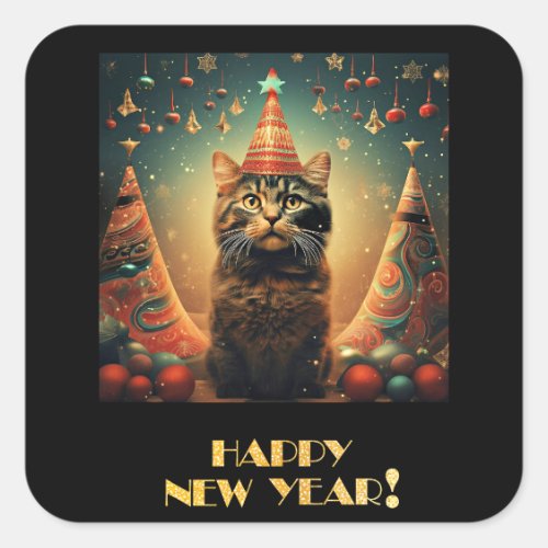 Happy New Year, Cat Design, Square Sticker