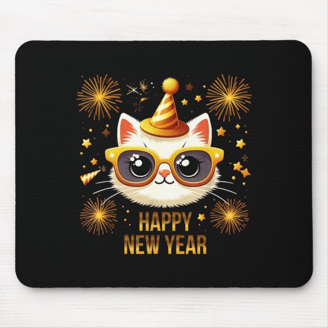 Happy New Year Cat Fireworks New Years Eve Party  Mouse Pad (Front)
