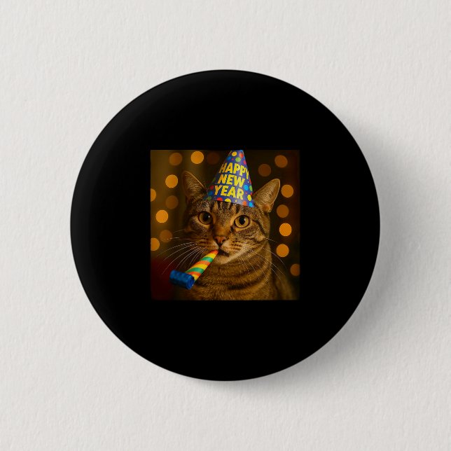 Happy New Year Cat Funny Party Hat Feline Meme Cel Button (Front)