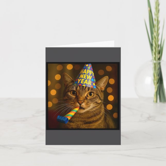 Happy New Year Cat Funny Party Hat Feline Meme Cel Card (Front)