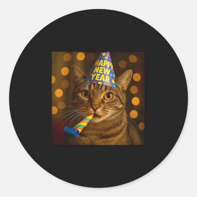 Happy New Year Cat Funny Party Hat Feline Meme Cel Classic Round Sticker (Front)