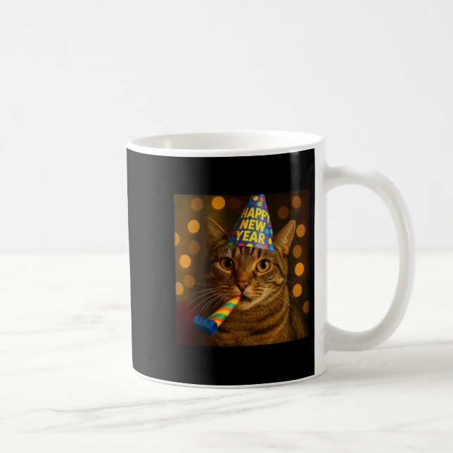 Happy New Year Cat Funny Party Hat Feline Meme Cel Coffee Mug (Right)