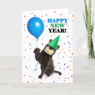 Happy New Year Cat in Coronavirus Face Mask Humor Holiday Card