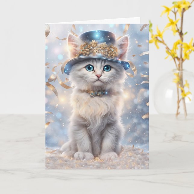 Happy New Year Cat in Party Hat and Streamers  Card (Yellow Flower)