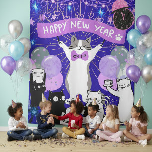 Happy New Year Cat Party Blue & Purple Backdrop