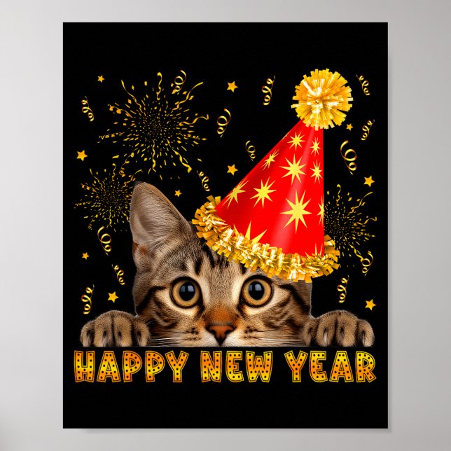 Happy New Year Cat Party Hat New Years Eve Party 2 Poster (Front)