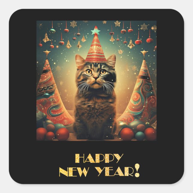 Happy New Year Cat Square Sticker (Front)