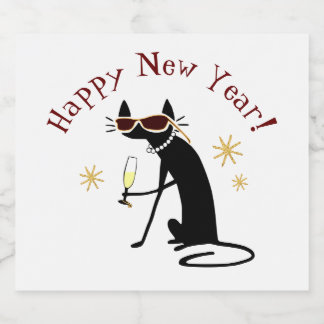 Happy New Year Cat with Champagne Sparkling Wine Label