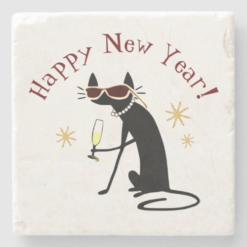 Happy New Year Cat with Champagne Stone Coaster