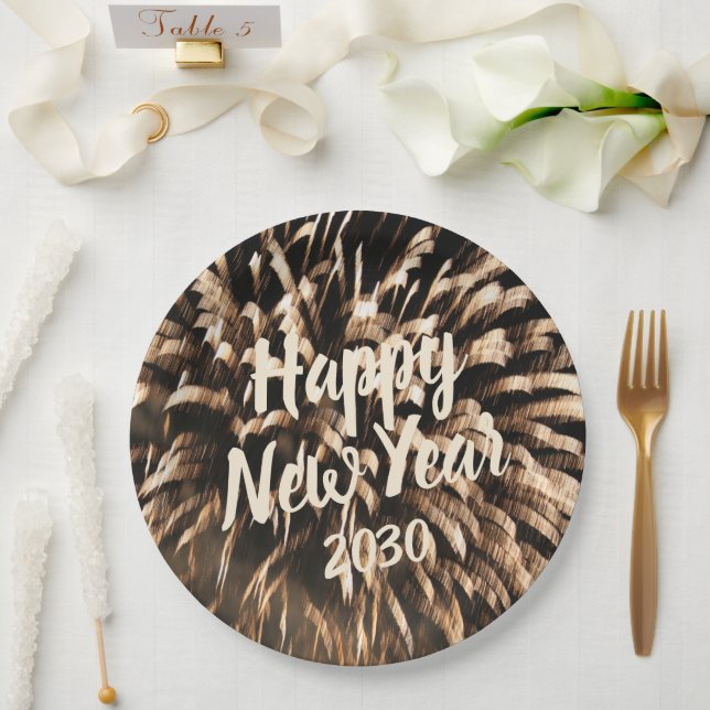 Happy New Year Celebration Firework Gold Photo Paper Plates (Wedding)