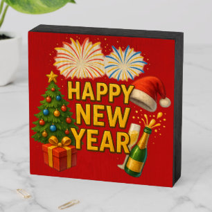 Happy New Year Celebration Sticker Wooden Box Sign