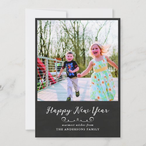 Happy New Year Chalkboard Vintage Script  Photo Holiday Card