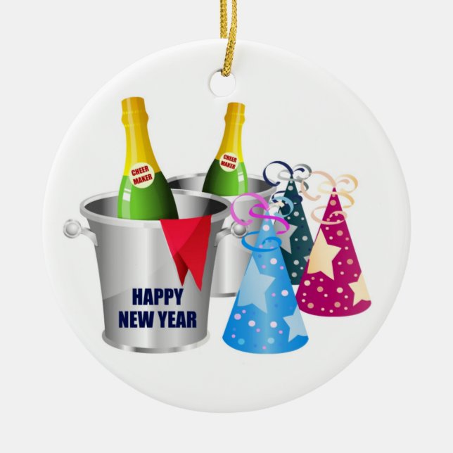 Happy New Year Champagne Ceramic Ornament (Front)