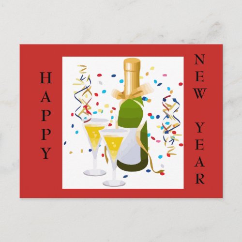 Happy New Year champagne confetti red post card