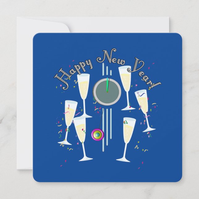 Happy New Year - Champagne Glasses and Clock Invitation (Front)