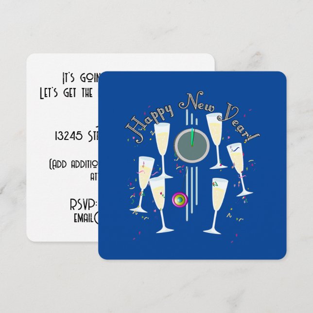Happy New Year - Champagne Glasses and Clock Invitation (Front/Back)
