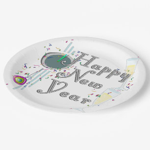 Happy New Year - Champagne Glasses and Clock Paper Plates