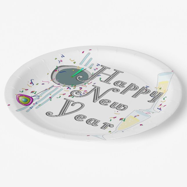 Happy New Year - Champagne Glasses and Clock Paper Plates (Angled)