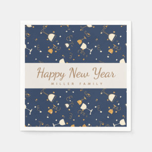 happy new year champagne glasses gold and navy napkins