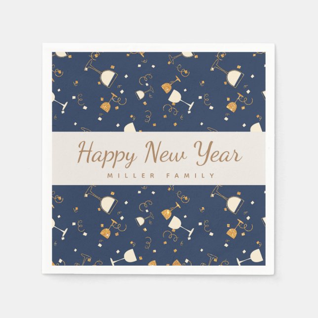 happy new year champagne glasses gold and navy napkins (Front)