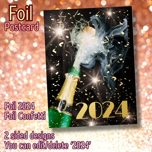 Happy New Year champagne gold foil confetti modern Foil Holiday Postcard