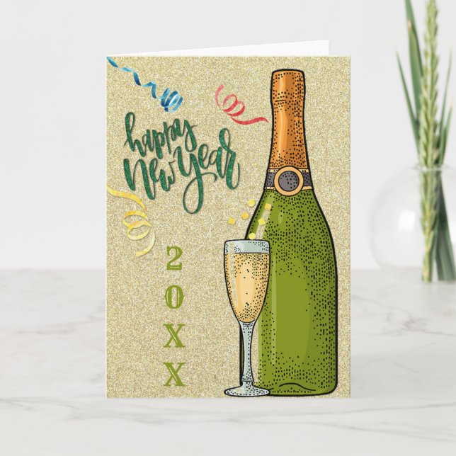 Happy New Year Champagne Gold Glitter Card (Front)
