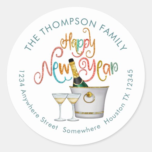 Happy New Year Champagne Return Name Address Classic Round Sticker