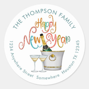 Happy New Year Champagne Return Name Address Classic Round Sticker