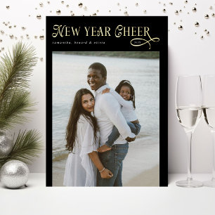 Happy New Year Cheer Modern Family 4 Photo Collage Foil Holiday Card