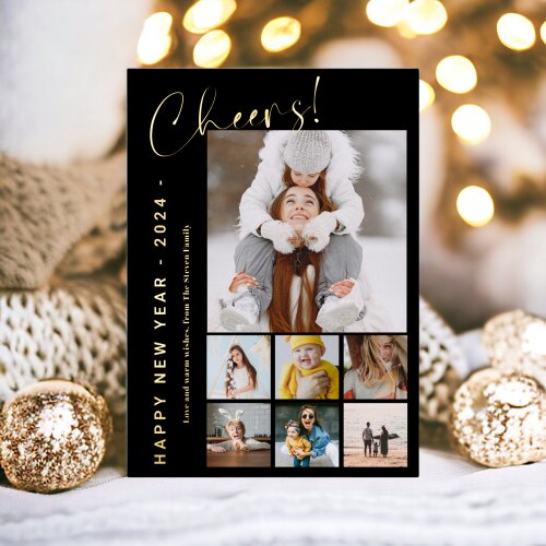 Happy New Year cheers year in review 9 photo black Foil Holiday Card