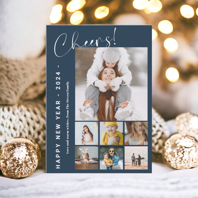 Happy New Year cheers year in review 9 photo blue Holiday Card (Happy New Year cheers year in review 9 photo blue Holiday Card)