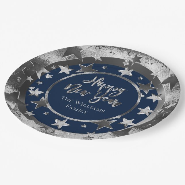 Happy New Year Chic Blue Silver Gray Stars Pattern Paper Plates (Angled)