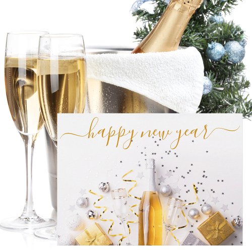 Happy New Year Chic Gold Champagne Streamers Holiday Card