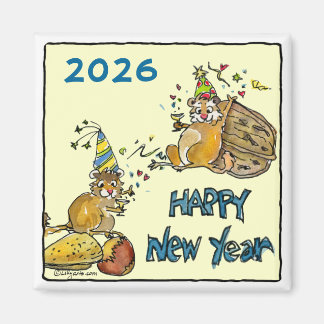 Happy New Year Chipmunks Cartoon Magnet