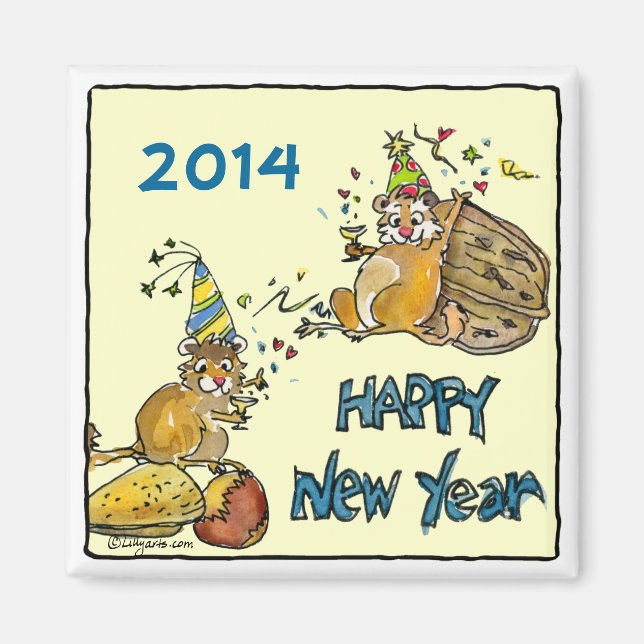 Happy New Year Chipmunks Cartoon Magnet (Front)