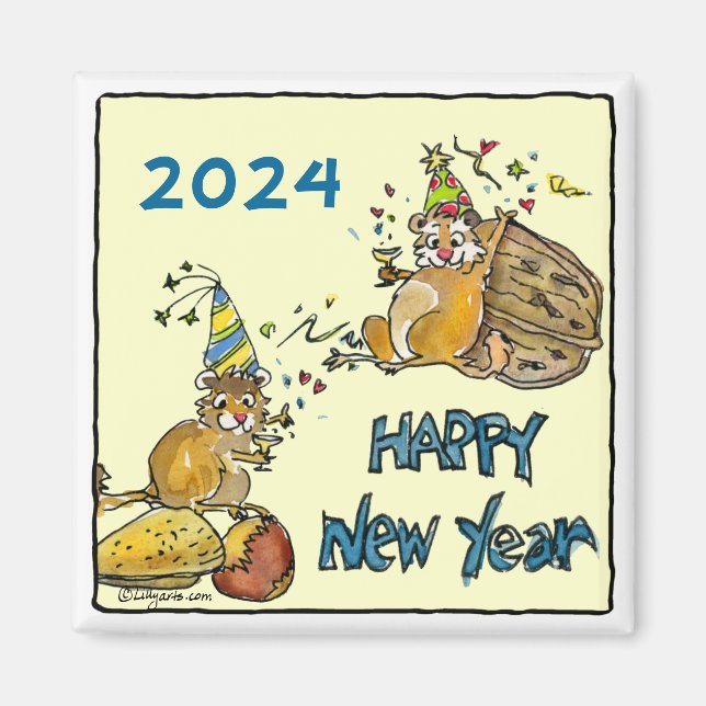 Happy New Year Chipmunks Cartoon Magnet (Front)