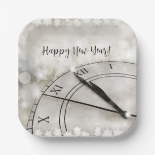 Happy New Year Clock at Midnight Paper Plates