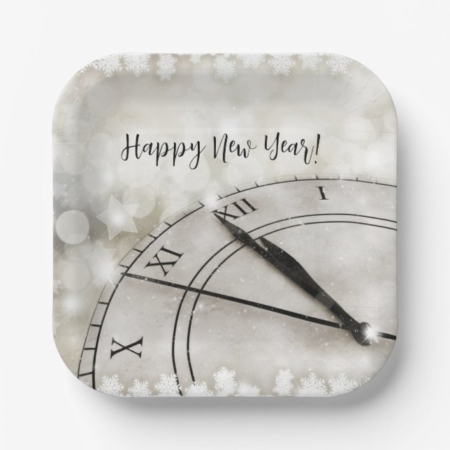 Happy New Year Clock at Midnight Paper Plates (Front)