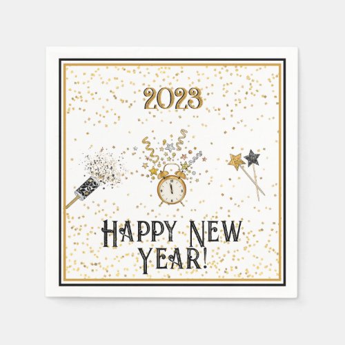 Happy New Year Clock Gold and Black Napkins