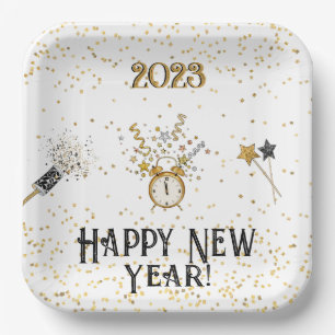 Happy New Year Clock Gold and Black Paper Plates