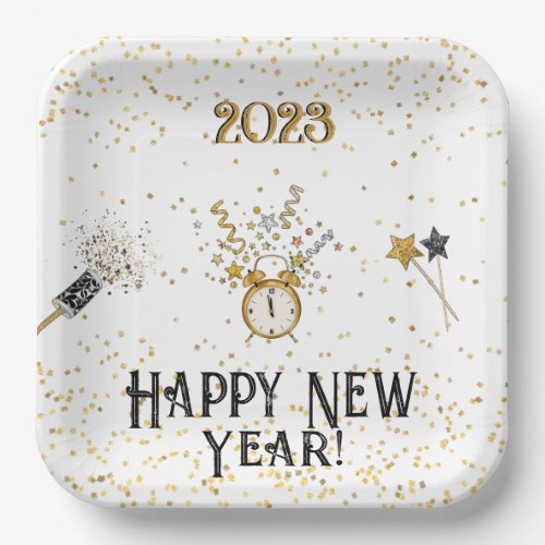 Happy New Year Clock Gold and Black   Paper Plates