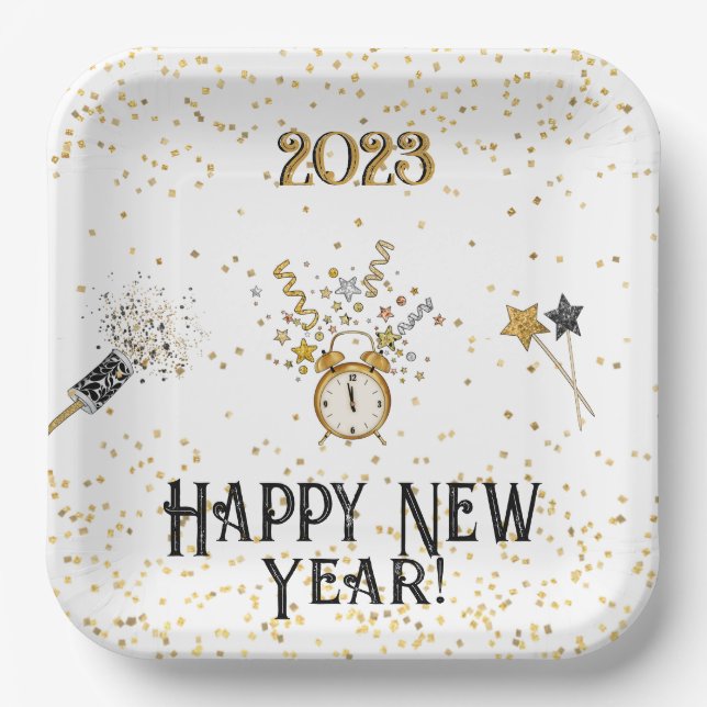 Happy New Year Clock Gold and Black   Paper Plates (Front)