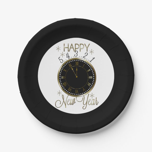Happy New Year clock Holiday paper plate (Front)